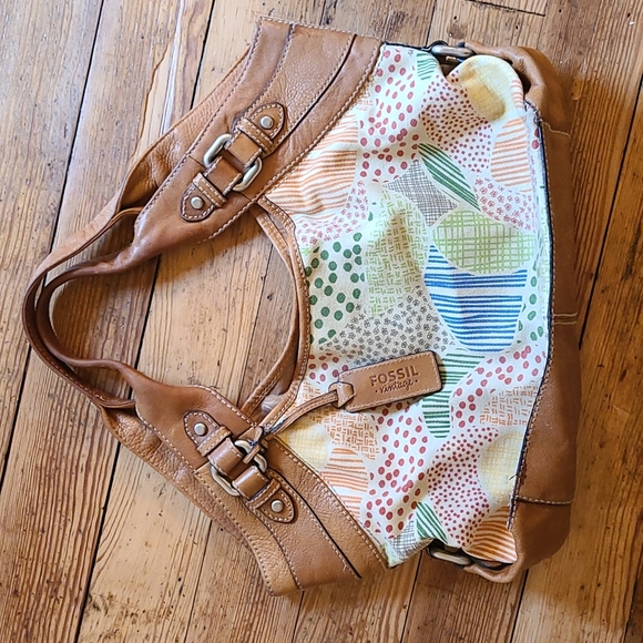 Fossil Handbags - Fossil Vintage Leather and Floral Tapestry Canvas Handbag Hobo Bag